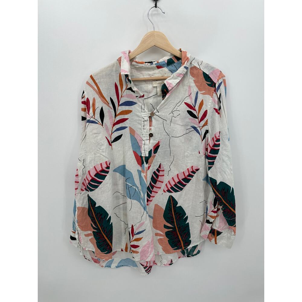 Cynthia Rowley Tunic Women 1X Feather Linen‎ Tropical Quarter Button Loose Fit